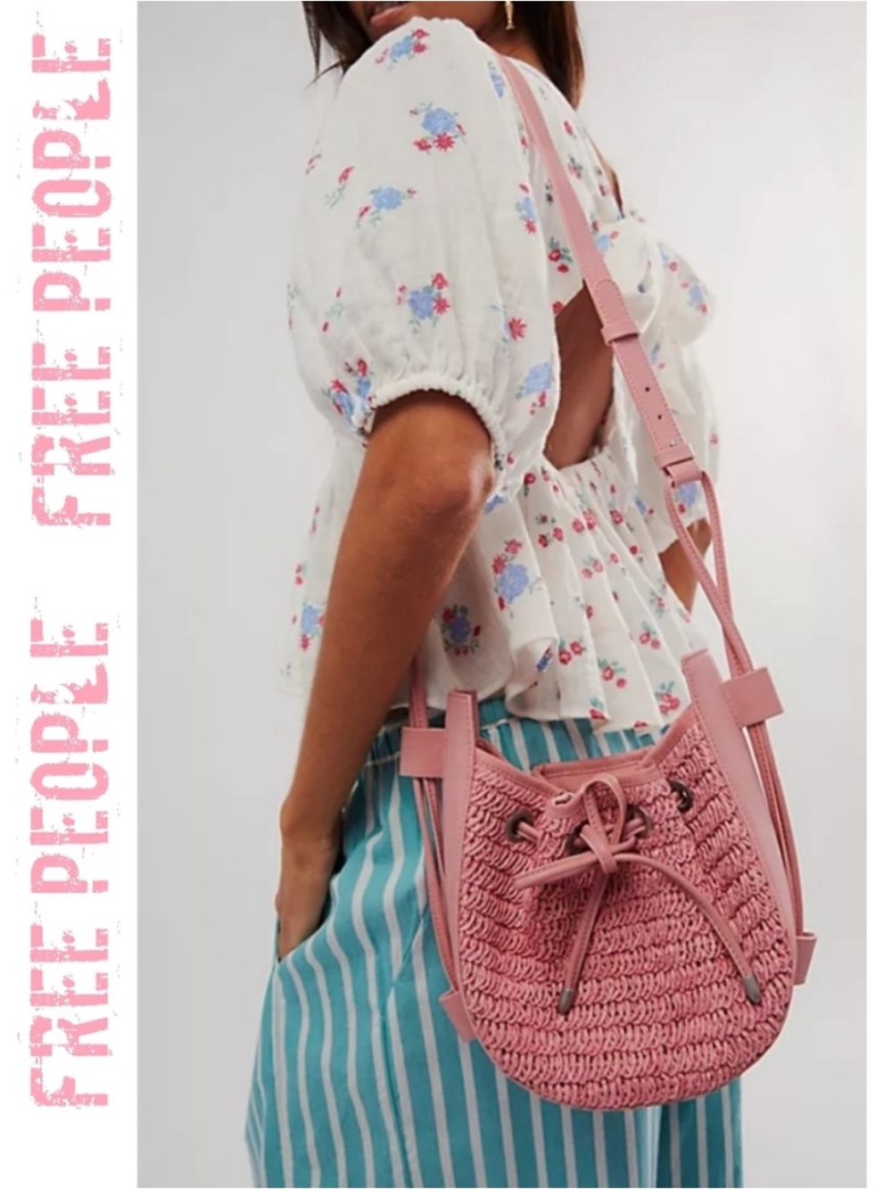 Free People Cabana Pink Woven and Leather Bucket Bag Purse Crossbody